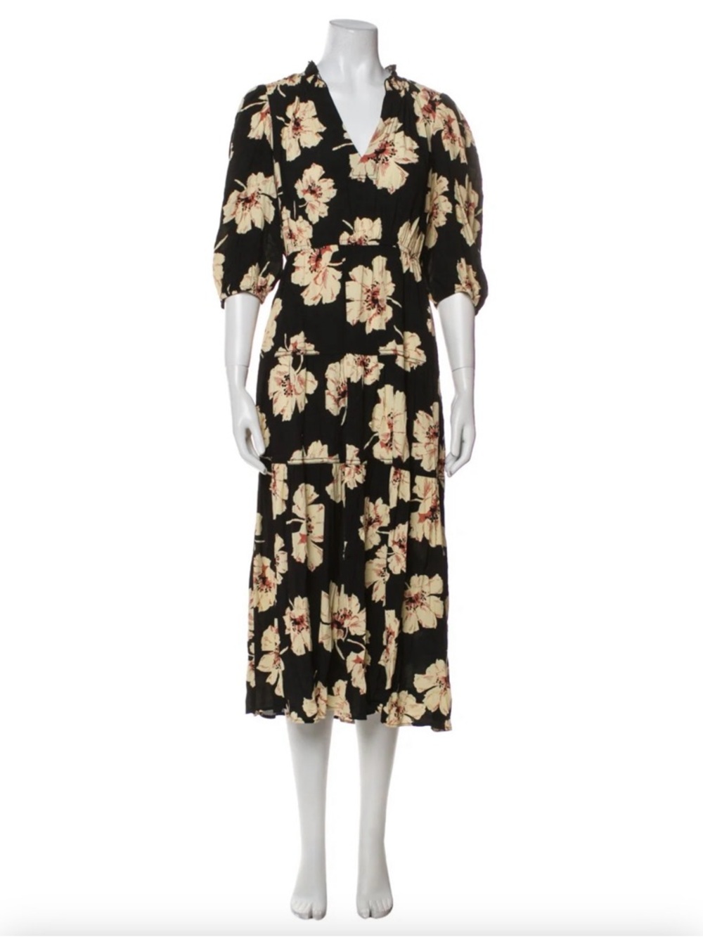 BA&SH Black Floral V-Neck Midi Dress